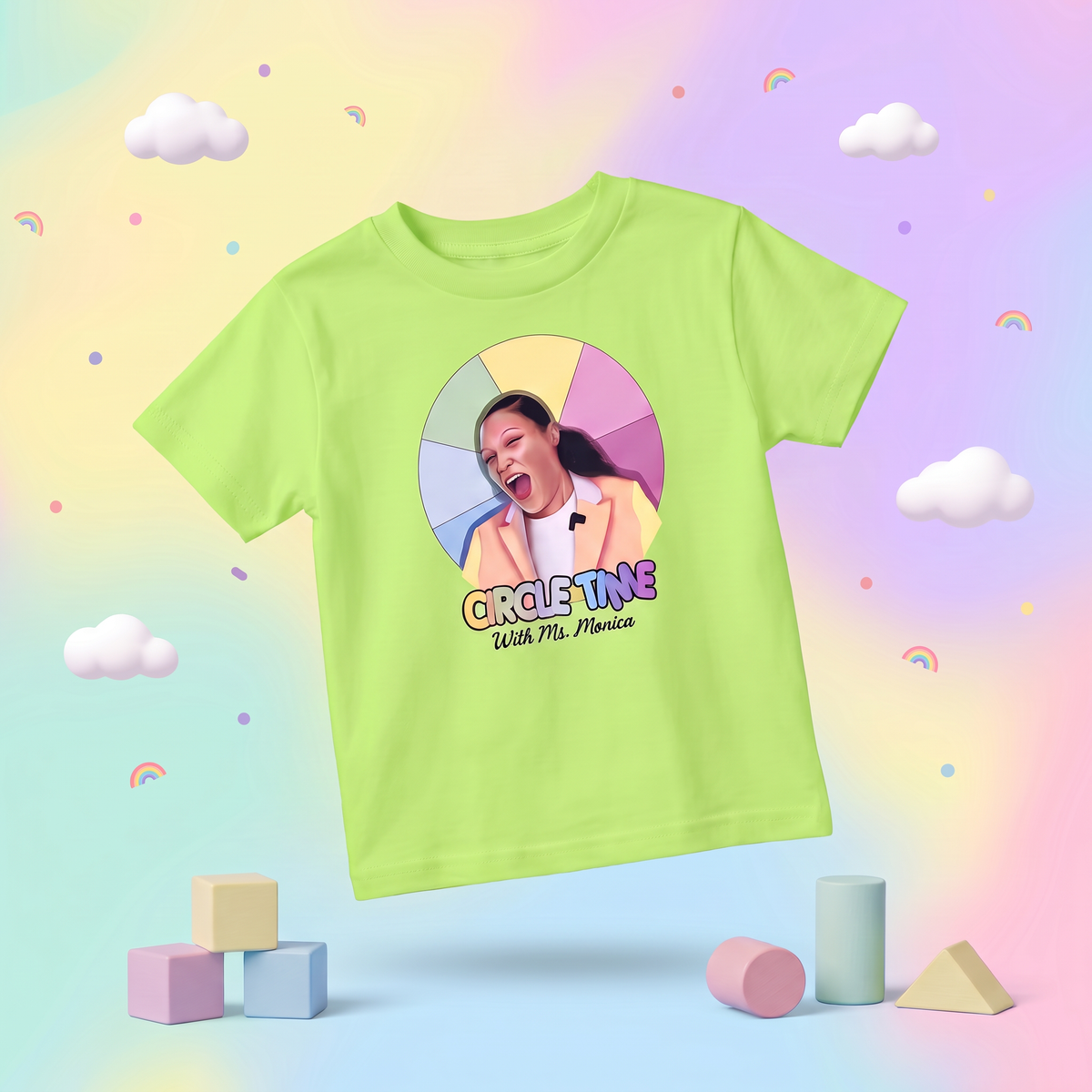 Lime Green vintage Circle Time with Ms. Monica toddler tee on a pastel rainbow background