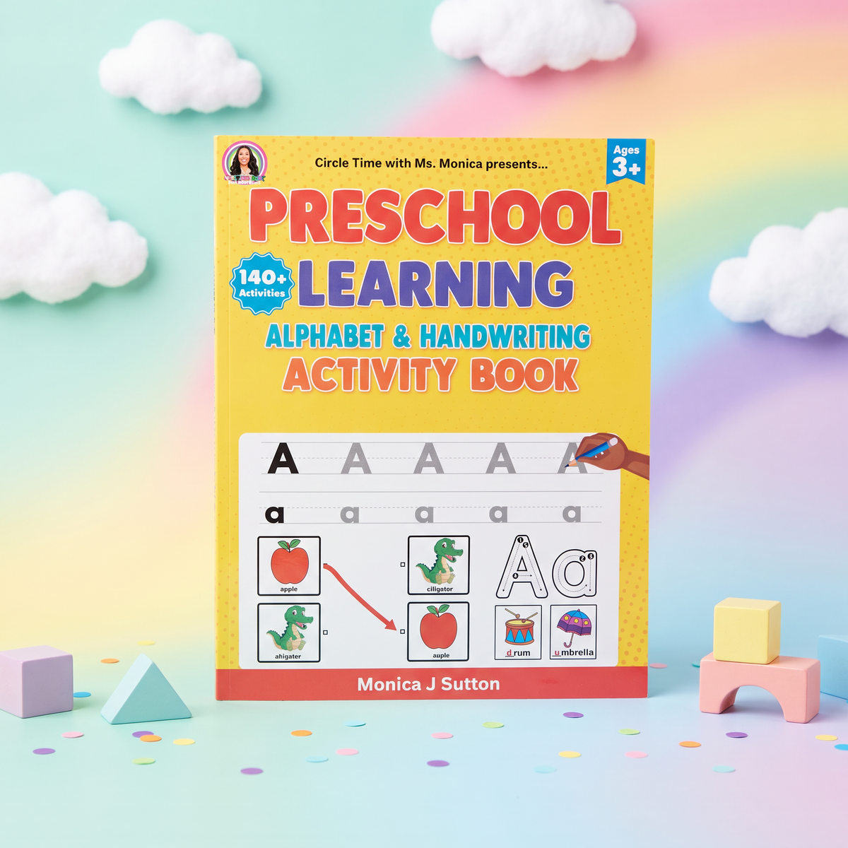 Preschool Learning Alphabet and Handwriting Activity Book by Monica J Sutton on a pastel rainbow background