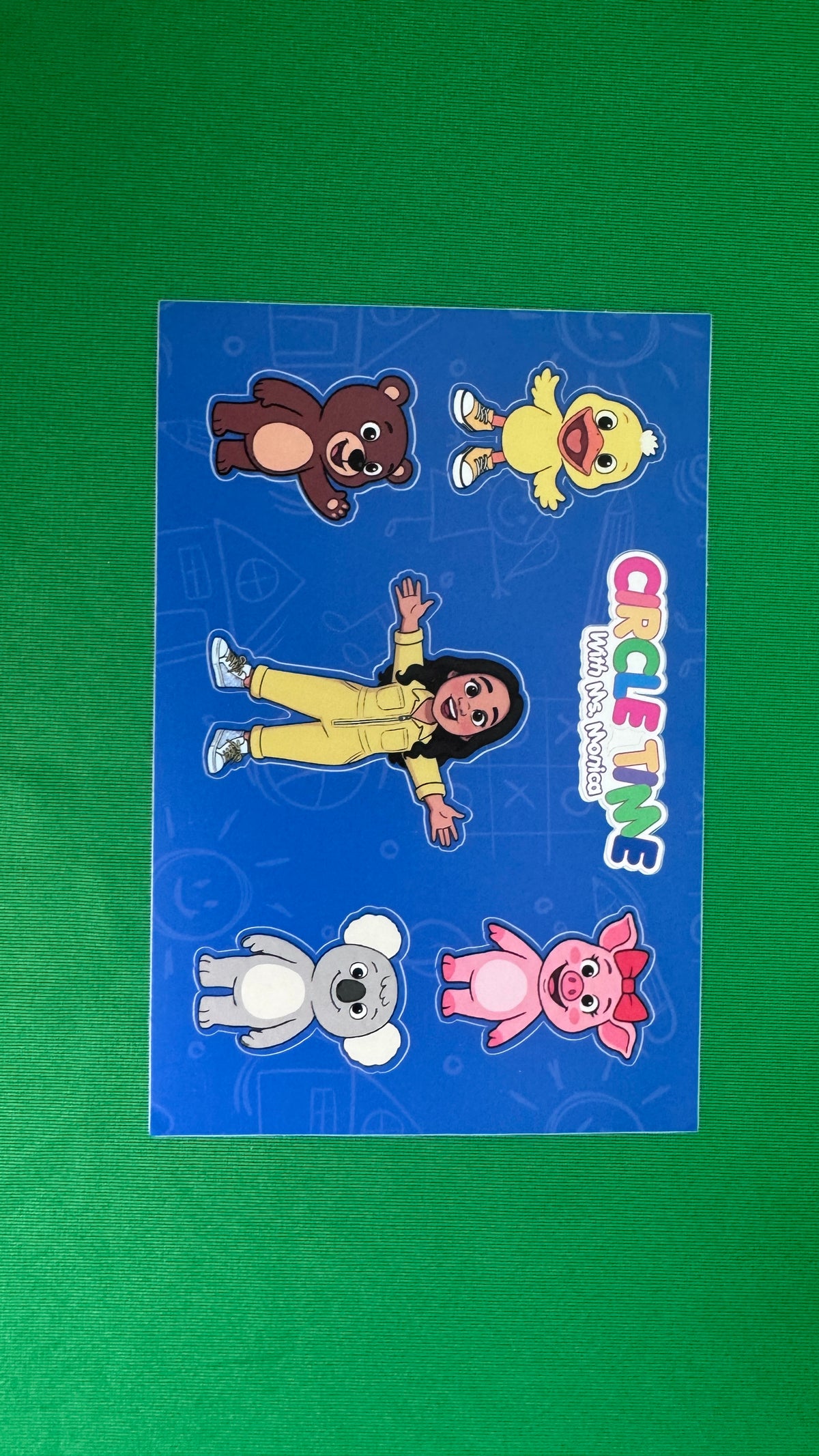 Circle Time with Ms. Monica sticker sheet featuring Ms. Monica, Duck Duck, Bear Bear, Piggie Pig, and Koala