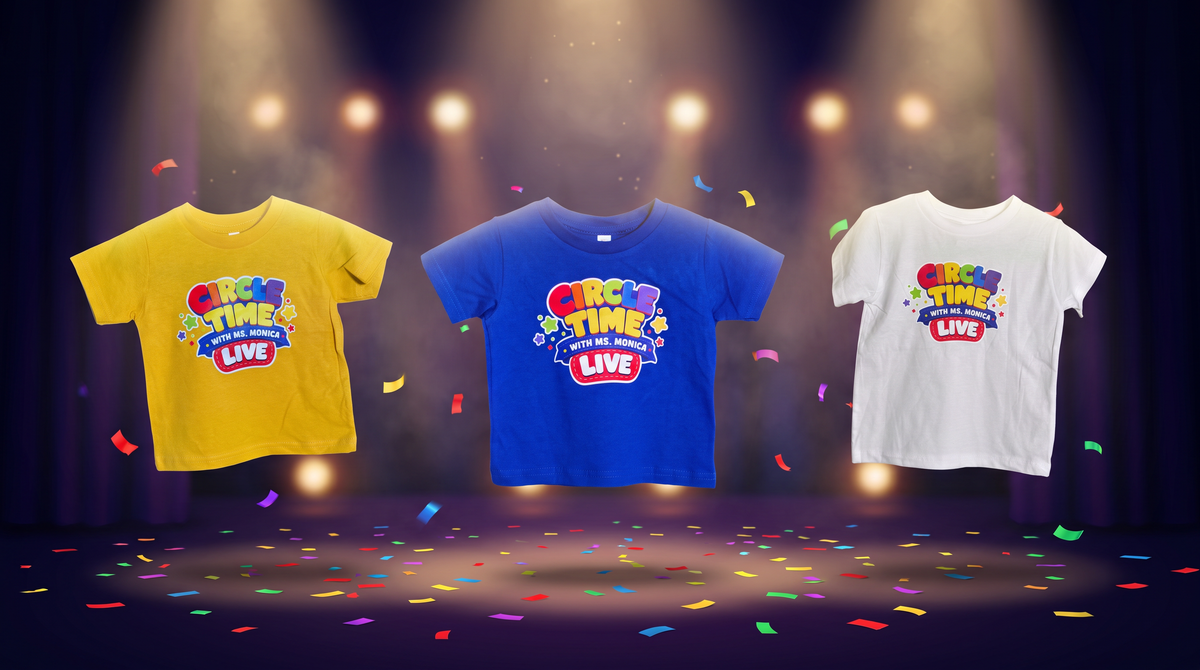 Circle Time with Ms. Monica LIVE tees in yellow, blue, and white on a spotlit stage with confetti