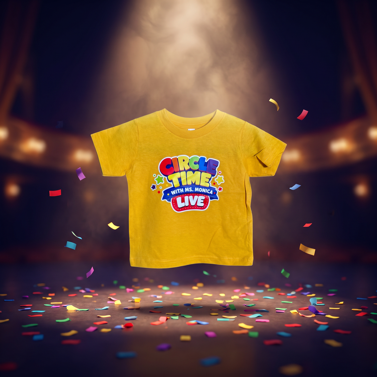 Yellow Circle Time with Ms. Monica LIVE toddler tee under a stage spotlight