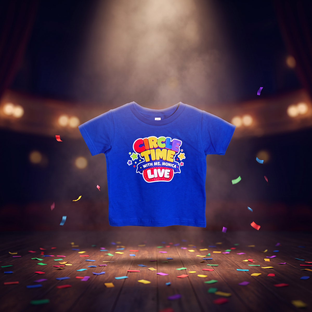 Blue Circle Time with Ms. Monica LIVE toddler tee under a stage spotlight