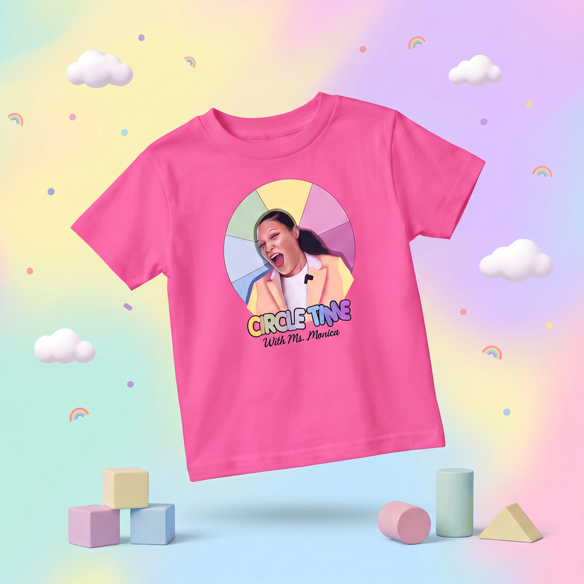 Hot Pink vintage Circle Time with Ms. Monica toddler tee on a pastel rainbow background